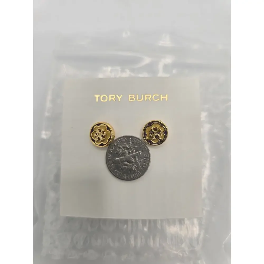 Tory Burch Kira Gold-Tone Round Stud Earrings w/Yellow Background & TB Logo